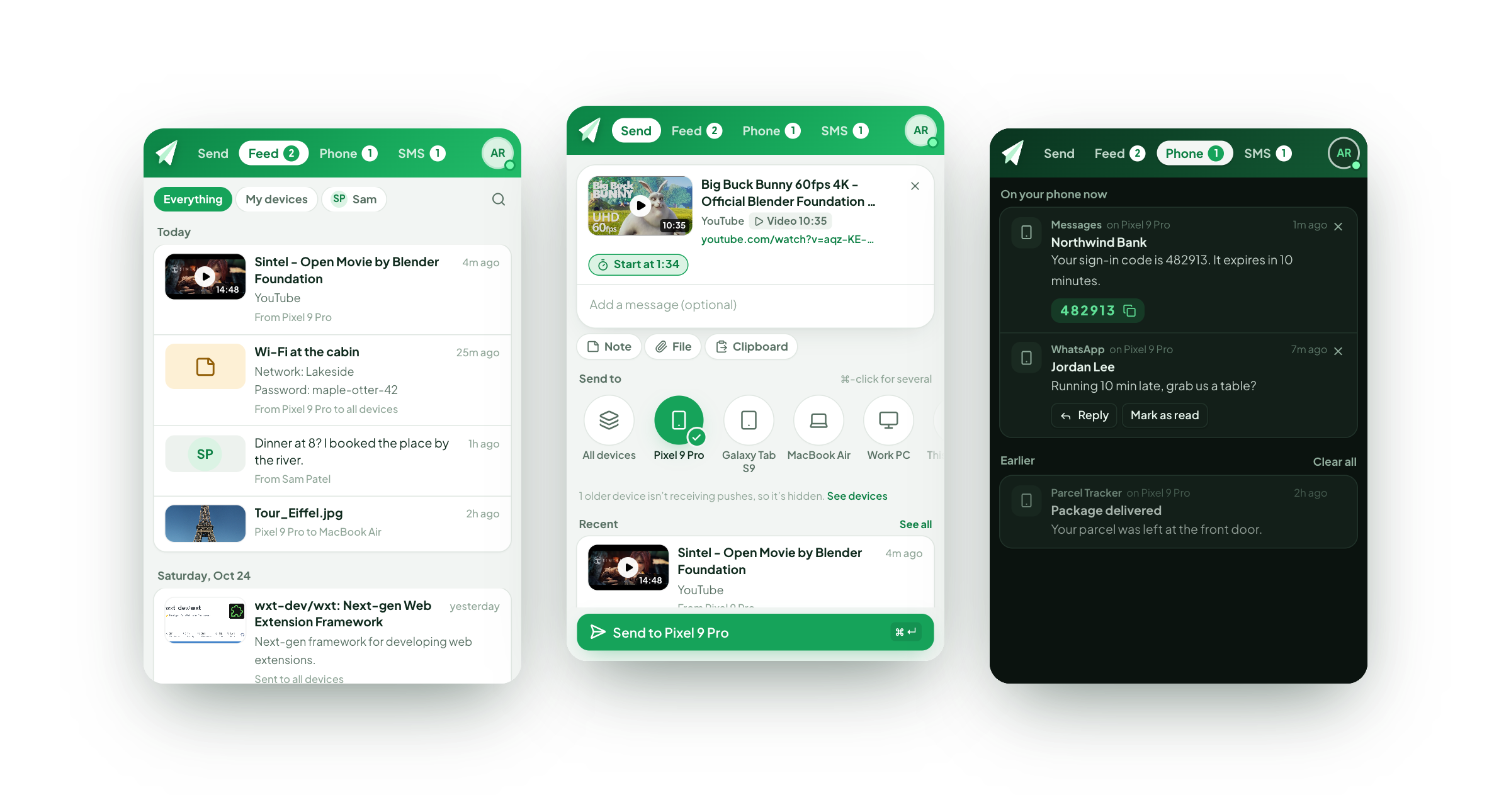 Pushpilot's feed, send sheet and phone notifications