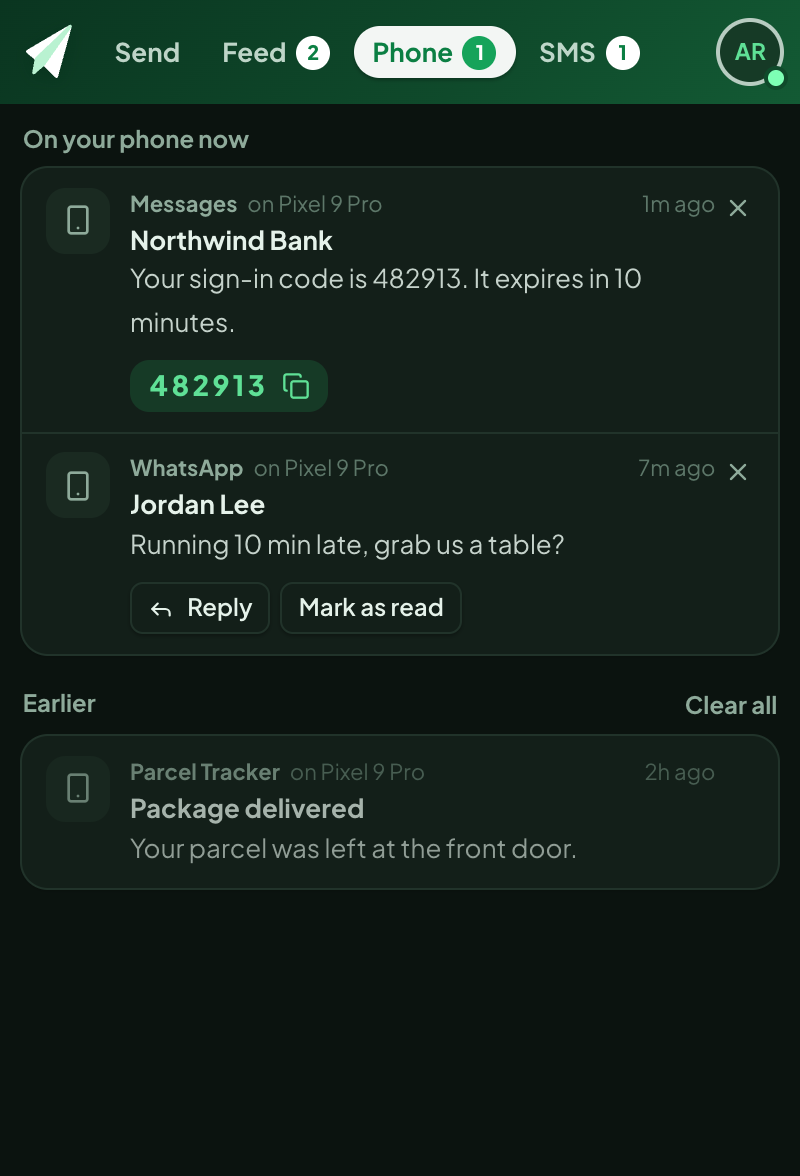Phone notifications with a sign-in code ready to copy