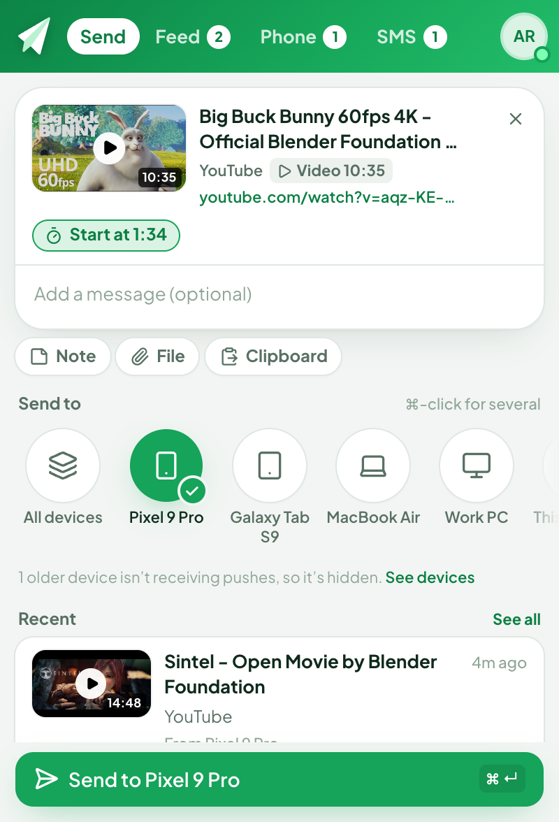 The send sheet with a video ready to send